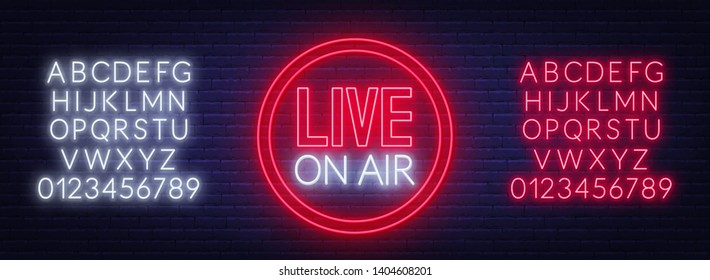 Live On Air Glowing Sign On Brick Wall Background. Template For Design. Neon Alphabet .