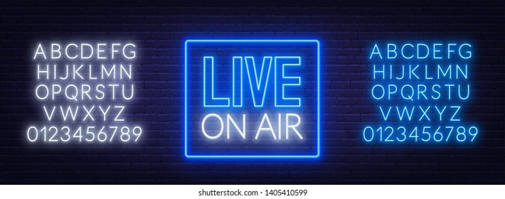 Live on air glowing sign on brick wall background. Template for design. Neon alphabet .