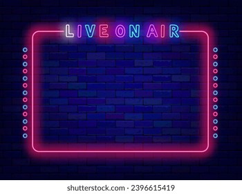 Live on air neon advertising. Colorful handwritten text. Vintage pink border. Talk show online frame. Glowing banner. Record studio. Copy space. Bright flyer. Editing text. Vector stock illustration