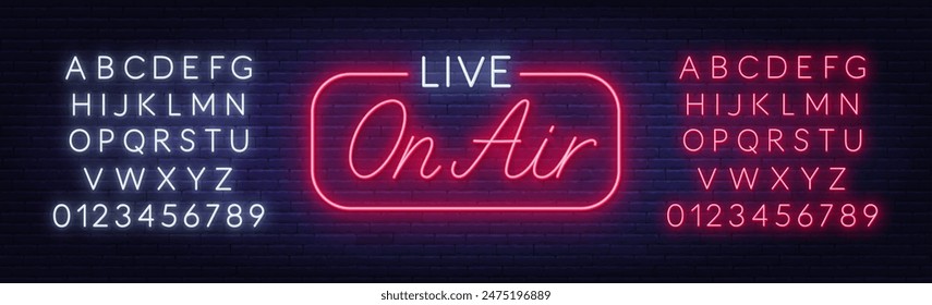 Live On Air Neon Sign on brick wall background. Red and white neon alphabet.