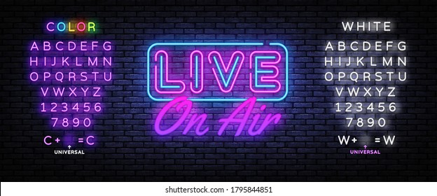 Live on Air Neon Text Vector. Radio On Air neon sign, design template, modern trend design, night signboard, night bright advertising, light banner, light art. Vector. Editing text neon sign