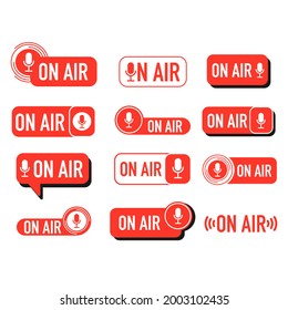 Live, on air. Red button on air to video, blog, show. Notification. Social media background. On air button or banner element - catchy dialog message box with Play button and text - isolated template. 