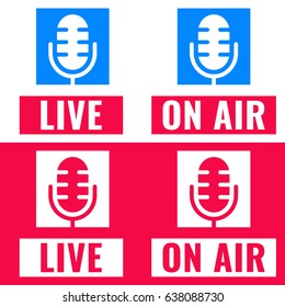 Live on air. Vector set flat illustrations with microphone icon on white and red background.