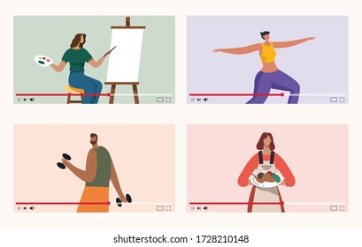 Live on social media to show skills. Livestream paint, cook, yoga and exercise. Stay home and learn something new. Doing activities at home. Classes on stream Flat icon.