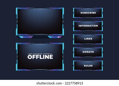 Live online gaming overlay and streaming icon design with buttons. Futuristic live streaming button vector with digital abstract shapes. Broadcast screen overlay design with blue and purple colors.