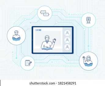 Live online learning illustration: live virtual classroom with education icons, distance learning platform, education network on digital background