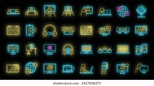 Live online meeting icons set. Outline set of live online meeting vector icons neon color on black