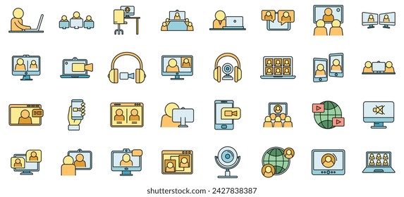 Live online meeting icons set. Outline set of live online meeting vector icons thin line color flat on white