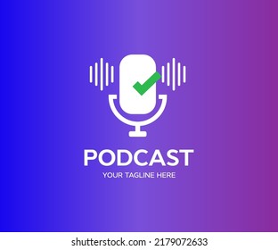 Live online Podcast, Microphone with waveform logo design. Podcast or Radio  vector design and illustration.