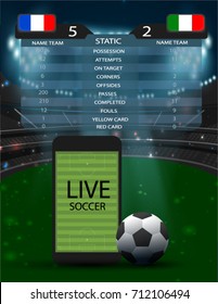 live online soccer football field on screen of smart phone and ball with spotlight and abstract glitter light and scoreboard on soccer stadium,soccer sport vecter background  concept