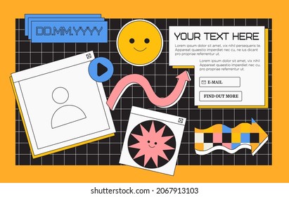 Live online streaming video or educational seminar preview banner with geometric elements and emoji in oldschool 90s, 80s style with place for photo and text. Smiling abstract shapes and arrow.