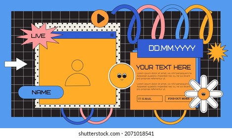 Live online streaming video or educational seminar preview banner with geometric elements and emoji in oldschool 90s, 80s style with place for photo and text. Smiling abstract shapes and arrow.