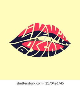 Live with passion. Typography word picture as lips image. Hand lettered graphic illustration, wrap text inside a shape, silhouette with letters. Inspirational quote vector isolated.