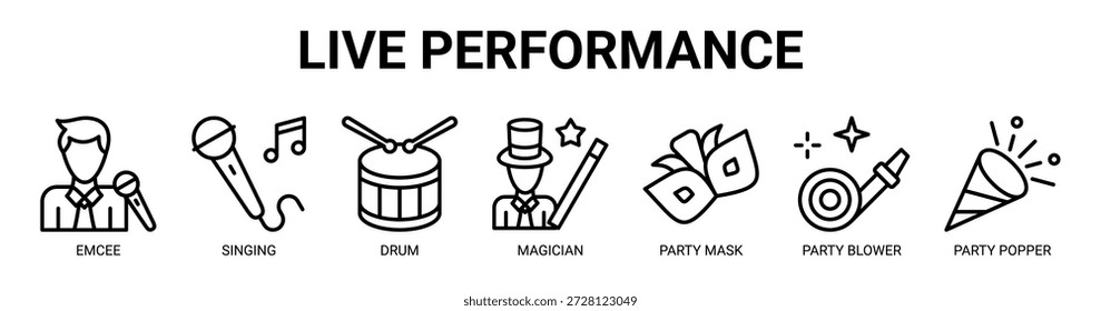 Live Performance web banner icon vector illustration concept with icon of emcee, singing, drum, magician, party mask, party blower, and party popper.