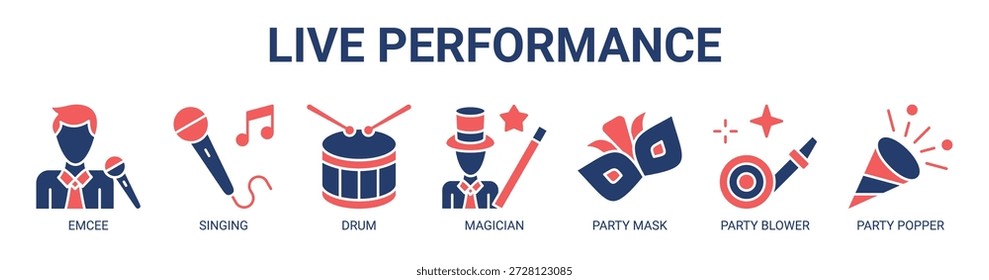 Live Performance web banner ícone vetor ilustração conceito com ícone de emcee, cantando, tambor, mágico, máscara de festa, soprador de festa e popper de festa.