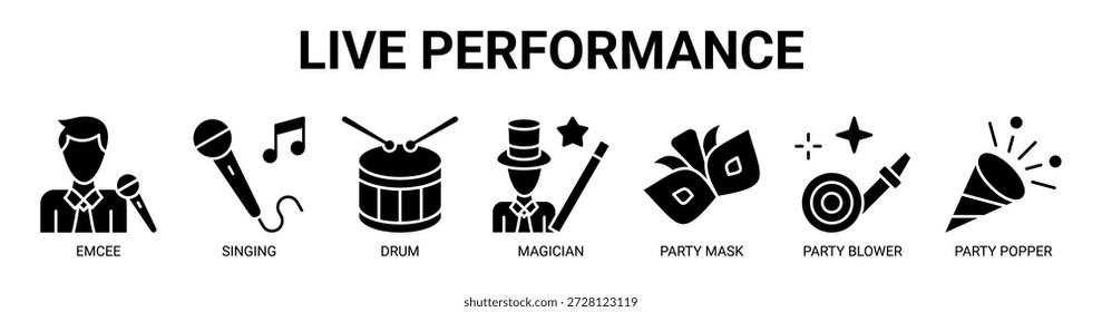 Live Performance web banner icon vector illustration concept with icon of emcee, singing, drum, magician, party mask, party blower, and party popper.