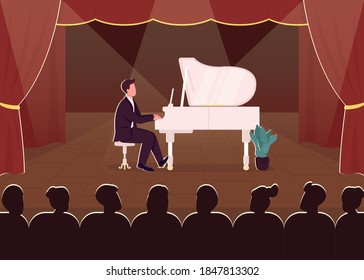 Live piano concert flat color vector illustration. Classical musician on stage. Musical instrument performance. Play solo show. Pianist in formal suit 2D cartoon character with spotlight on background