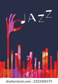 Live-Piano-Jazz-Konzertposter mit dunklem Hintergrund. Vektorgrafik. Klaviertastatur mit Hand, die Wort Jazz mit Häkelchen hält. Flyer, Banner oder Einladungskarte für musikalische Feier, Show, Festival