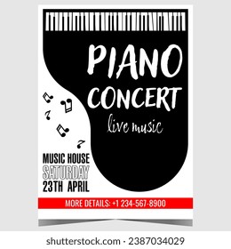 Live piano music concert invitation poster with grand piano and musical notes on white background. Vector banner, handout or cover for classical instrumental music festival, artistic show or carnival.