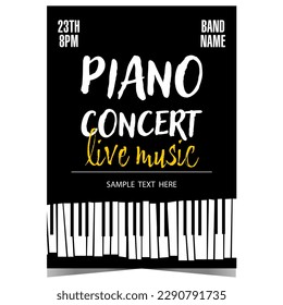 Live piano music concert promo poster, banner or invitation flyer with piano keys on background. Design template of vector illustration for piano music festival advertisement or announcement.