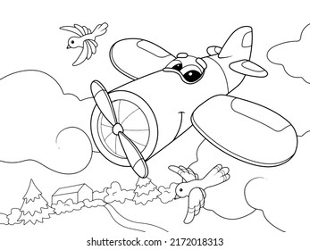 Live plane in the sky. Children coloring book, vector.