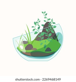 Live plants are planted in a glass container. The illustration depicts a terrarium for plants. Vector image.