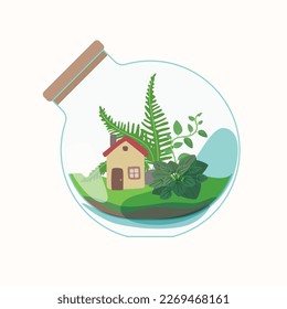 Live plants are planted in a glass container. The illustration depicts a terrarium for plants. Vector image.