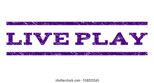 Live Play watermark stamp. Text tag between horizontal parallel lines with grunge design style. Rubber seal stamp with scratched texture. Vector indigo blue color ink imprint on a white background.