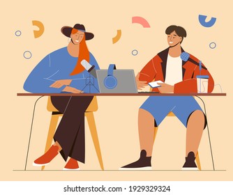 Podcast en vivo, transmisiones, entrevista en radio. Hombre anfitrión y mujer en estudio de grabación con micrófono, auriculares, laptop. Ilustración vectorial en estilo plano