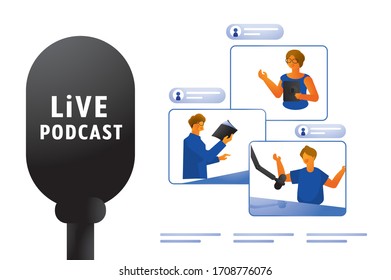 live podcast at home with group influencer flat vector illustration