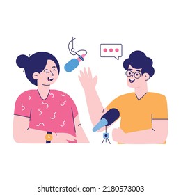 Live podcast interview illustration, flat design 