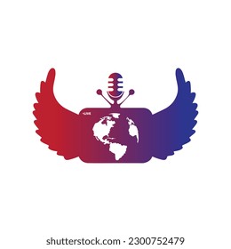Live podcast microphone with TV vector logo. Podcast mic and TV inside angel wings shape design.