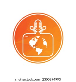 Live podcast microphone with TV vector logo. Podcast mic and TV inside circle shape design.