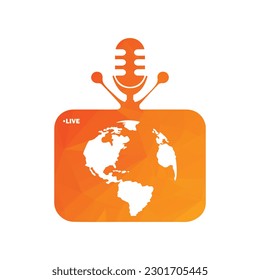 Live podcast microphone with TV vector logo . Podcast mic and TV design.