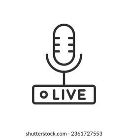Live radio broadcast, linear icon. Live radio broadcast. Microphone and sign live. Line with editable stroke