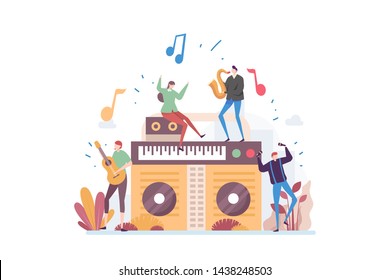 Live Radio Music Illustration Concept Showing a group of people enjoying music from a radio, Suitable for landing page, ui, web, App intro card, editorial, flyer, and banner.