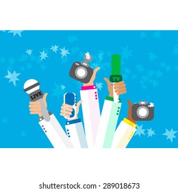 Live report concept, live news - set of hands holding microphones and voice recorders. Breaking news flat style vector illustration. Mass media signs, symbols, objects, icons, abstract elements.