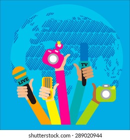 Live report concept, live news - set of hands holding microphones and voice recorders. Breaking news flat style vector illustration. Mass media signs, symbols, objects, icons, abstract elements.