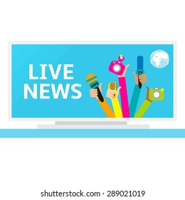 Live report concept, live news - set of hands holding microphones and voice recorders. Breaking news flat style vector illustration. Mass media signs, symbols, objects, icons, abstract elements.