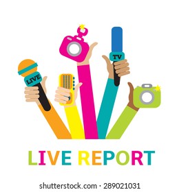 Live report concept, live news - set of hands holding microphones and voice recorders. Breaking news flat style vector illustration. Mass media signs, symbols, objects, icons, abstract elements.