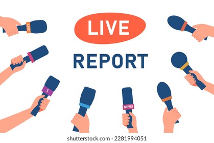 Live report concept. People holding microphones in their hands, journalists and media. Knowledge and information. TV news and on air reportage. Cartoon flat vector illustration