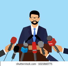 Live report concept. Press conference. Hands with microphone. News, interview, press conference. 