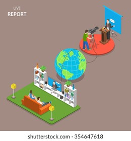 Live report isometric flat vector concept. Man and woman are watching speech that is taking place on other part of Earth at the same time.