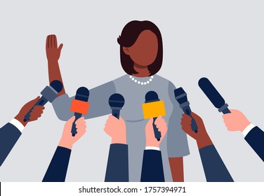 Live report, live news concept. An african-american woman giving an interview. Many hands of journalists with microphones. Flat vector illustration.