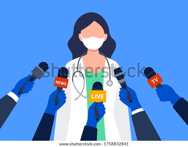 Live report, live news concept. A female medical worker giving an interview. Many hands of journalists with microphones. An interview with a doctor. Flat vector illustration.