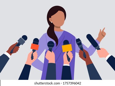 Live report, live news concept. An indian woman giving an interview. Many hands of journalists with microphones. Flat vector illustration.
