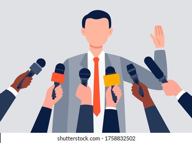 Live report, live news concept. A man giving an interview. Many hands of journalists with microphones. An interview with a businessman. Flat vector illustration.