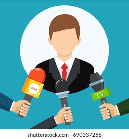 Live report, live news concept. Vector illustration. Businessman gives a reporter interview. Press conference. 