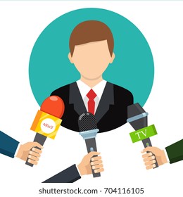 Live report, live news concept. Vector illustration. Businessman gives a reporter interview. Press conference. 