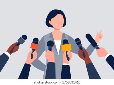 Live report, live news concept. A woman giving an interview. Many hands of journalists with microphones. Flat vector illustration.